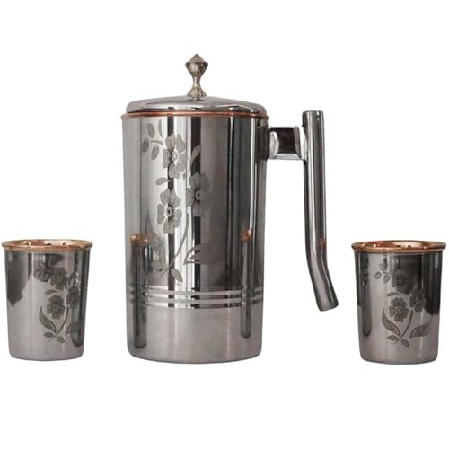 Pichet à eau en acier inoxydable et cuivre pur avec 2 gobelets assortis pour des bienfaits ayurvédiques pour la santé de l'Ayurveda (poignée en laiton)