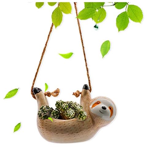 LUCKYBUNNY Cute Sloth Hanging Planters Ceramic Flower Pot Plant Holder for Succulent,Cactus, Air Plants, Herbs Indoor and Outdoor Decor Cover