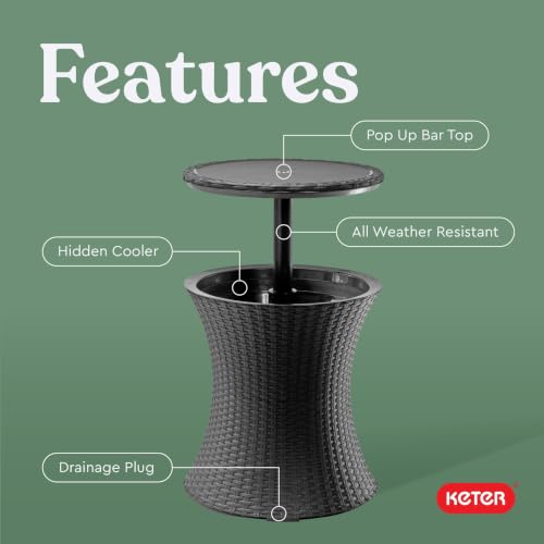 Image of Keter Pacific Cool Bar Outdoor Patio Furniture and Hot Tub Side Table with 7.5 Gallon Beer and Wine Cooler, Dark Grey