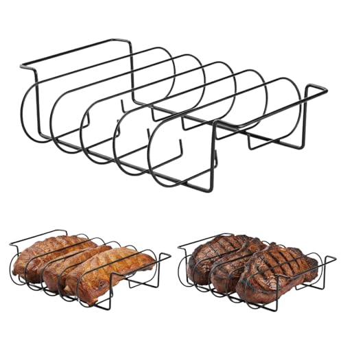 Zntezed Extra Long Non-Stick Stainless Steel Rib Rack for Smoking and Grilling，Holds up to 4 Full Racks of Ribs, The perfect BBQ accessory for smoking and grilling，Black
