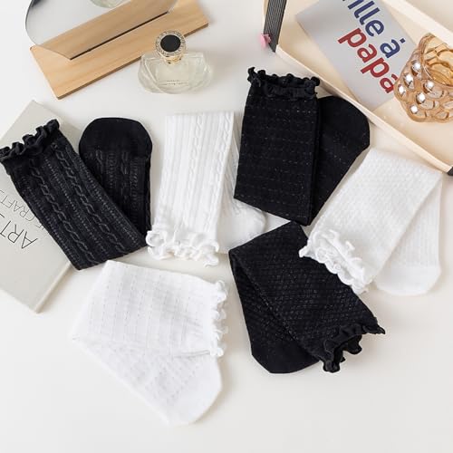 Heran 6 Pairs Lace Mesh Ankle Socks for Women, Sheer Ruffle Dress Frilly Crew Socks, Breathable Casual Cotton Stockings for Mary Jane Loafers Shoes, Cute Stockings for Girls Lady Woman(Black & White)4