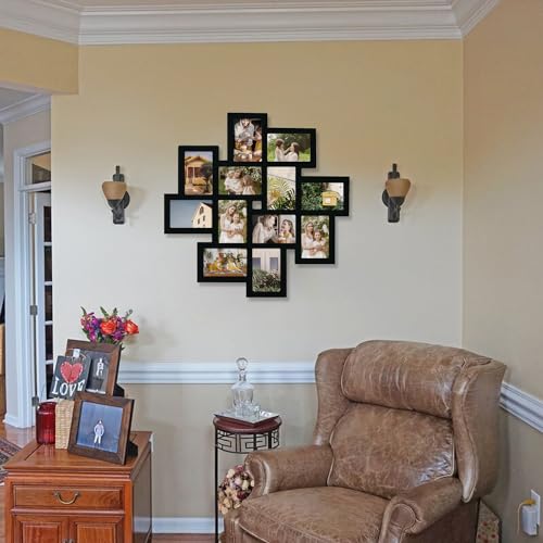 Adeco Decorative Black Wood Wall Hanging Collage Picture Photo Frame, 12 Openings, 4x6 inches