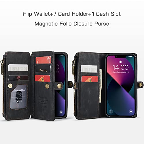 Defencase For Iphone 13 Case, Iphone 13 Case Wallet For Women Men, Fashion Durable Pu Leather Magnetic Flip Lanyard Strap Wristlet Zipper Card Holder Wallet Phone Case For Iphone 13 [6.1 Inch], Black #TOP2