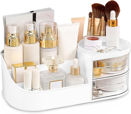 Image of zuku MakeUp Organizer Stand Desk Storage Dressing Table Organiser Cosmetic Organizer Box Skin Care Table Bathroom Organiser Makeup Storage Box Makeup Vanity with Transparent Drawer(White)