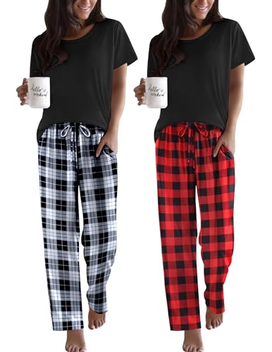 Image of Ekouaer 2 Pack Pajamas for Women Set Short Sleeve Pj Top and Printed Pants | Soft PJs Cozy Printed Lounge Sets Comfy Sleepwear with Pockets