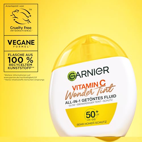 Garnier Vitamin C Wonder Tint All-In-1 Getöntes Fluid Medium – Getönte Tagespflege mit LSF 50+ für Glow & Ebenmäßigkeit – Skin Tint mit 5% Glycerin, Niacinamid & Vitamin C gegen dunkle Flecken – 40ml