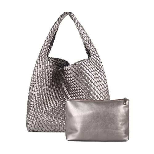 Image of Woven Tote Bag with Purse for Women Hobo Vegan Leather,Large Handmade Beach Handbag,Shoulder Underarm Bag (SILVER)