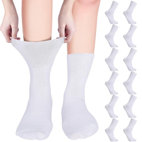6 Pair Diabetic Socks for Women Men White Elastic Diabetic Crew Socks Cotton Wide Loose Top Socks Gentle Grip Diabetic Socks with Seamless Soft Top