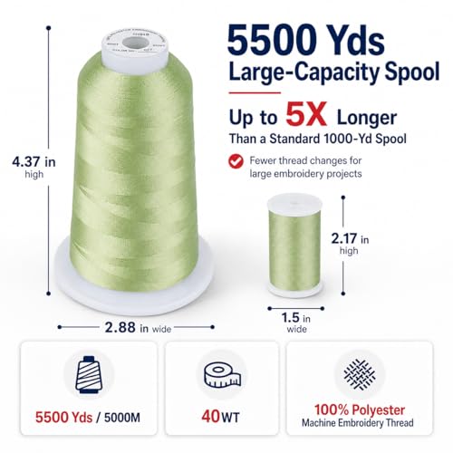 Image of Simthread 5500Yds 5000M 40WT Polyester Embroidery Thread Fresh Green 027 | Large 5000M spool delivers smooth feeding for home and commercial embroidery machines.