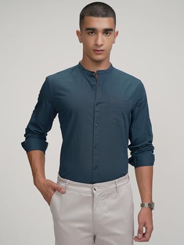 Image of Highlander Men's Slim Fit Casual Shirts | Solid | Long Sleeves | Mandarin Collar | Casual Shirts for Men