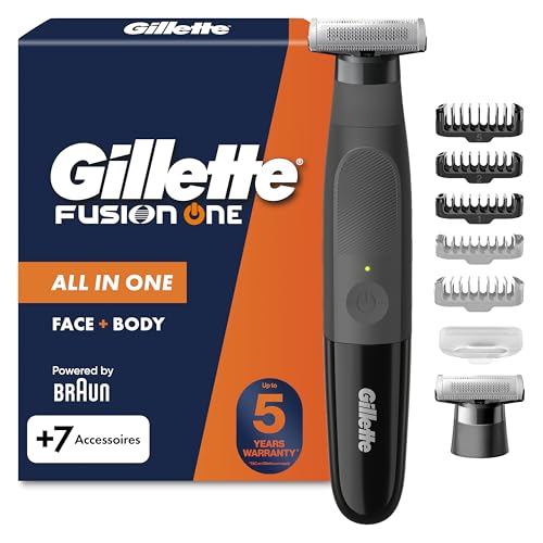Gillette Tondeuse Et Rasoir Electrique Homme Série Fusion One, Hybride Tout-en-Un pour Le Rasage Corporel Et du Visage, Tête Pivotante, 3 x Sabots Barbe Et 1 x Corps, Etanche, sans Fil, par Braun