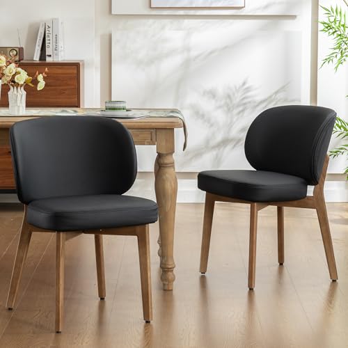 Image of YOUNIKE Dining Chairs Set of 2 Modern Kitchen Dining Room Chairs Black | Faux Leather Upholstered Armless Side Accent Chair with Back Wide Padded Seat Wooden Leg, Soft, Waterproof, Comfortable