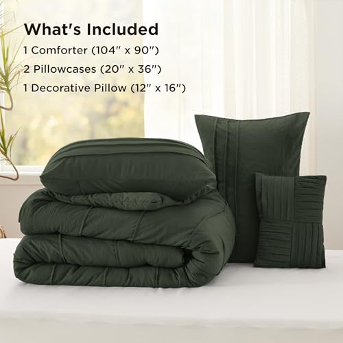 Image of Bedsure King Comforter Set - 4 Pieces Pinch Pleat Bed Set, Olive Green Boho Bedding for All Season, 1 Soft Comforter, 2 Pillowcases, 1 Decorative Pillow
