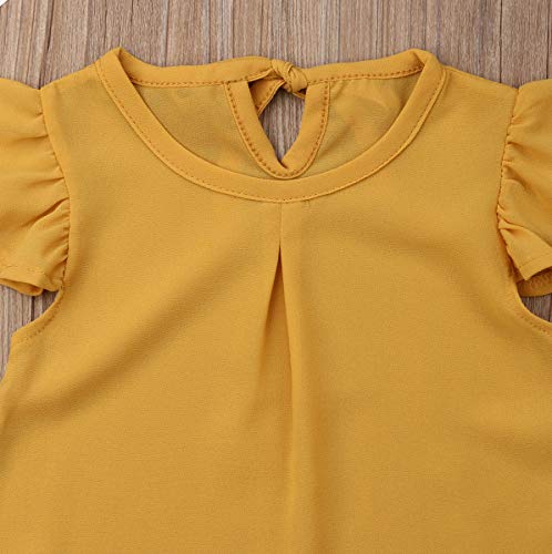 2Pcs/Set Toddler Girl Summer Clothes Flutter Sleeve Chiffon Shirt Blouse Top + Floral Mini Skirt Outfits (Yellow+Floral, 4-5T) #TOP3