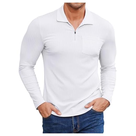 Viracy Camisa polo masculina com zíper slim fit camiseta polo masculina manga longa casual golfe P-3GG, Branco, XGG