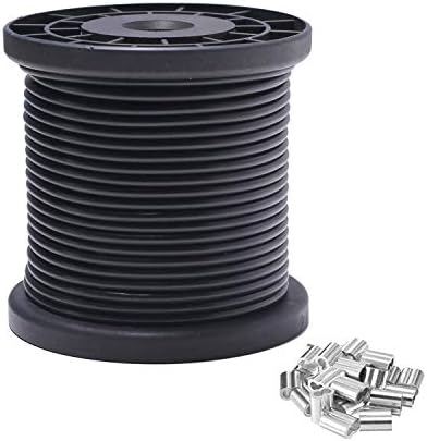 Stainless Steel 304 Black Wire Rope, Vinyl Coated, 7x7 Strand Core,Wire Rope OD is 1/16"，Coated OD is 3/32"， 164' Length, 326 lbs Breaking Strength