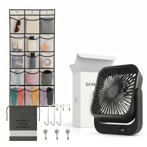 Travelpick Cruise Essentials Bundle 2026-40 LB Magnetic Door Organizer (15 Pockets) + 5000mAh Magnetic Cruise Fan (30 Hour Runtime) - Cruise Ship Approved Cabin Storage & Cooling Kit