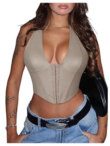 Floerns Women's Y2K PU Leather Halter Neck Hook Eye Backless Asymmetrical Party Crop Tank Top