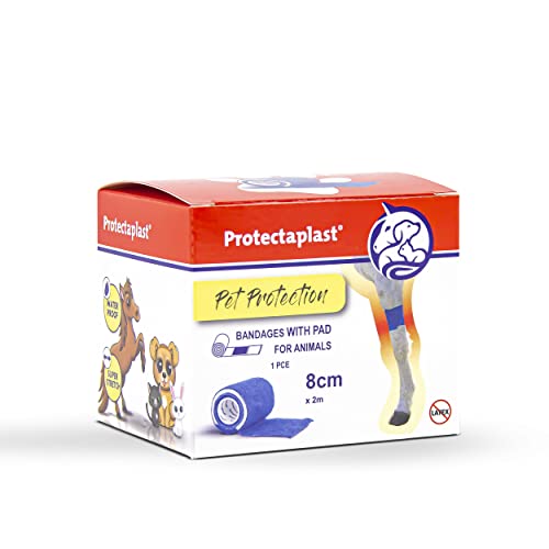 Protectaplast Benda autoadesiva Blu per Animali Domestici (8cm x 2m) - Bendaggio coesivo Senza Lattice e Colla per Cani, Gatti, Cavalli - Benda per ferite e articolazioni di Cani e Gatti