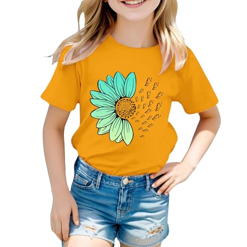 Girls Loose Fit Sunflower Graphic T Shirts Short Sleeve Crewneck Cute Pattern Printed Tops Kids (I-Yellow, 3-4 Years)3