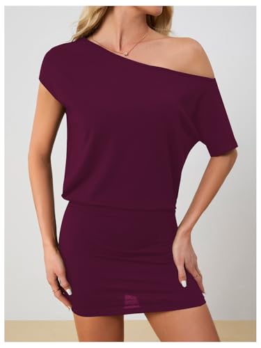 Image of SOLY HUX Women's Off The Shoulder Mini Dress Going Out Asymmetrical Neck Short Sleeve Casual Bodycon T Shirt Dresses