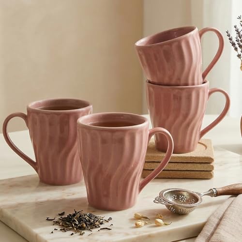 Image of The Earth Store Pink Artisan Wave Coffee Mug - 340ML Ceramic Coffee Mugs Set of 4 | Microwave & Dishwasher Safe Mugs for Gift | Home | Office | Restaurant | Daily Use Tea Mug