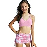 Girls 3 Pieces Swimsuits Criss Cross Bikini Sets with Floral Beach Skirt Drawstring Ruched Bathing Suit for 3-12 Years