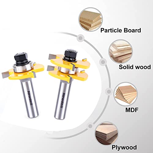 Newdeli 1/2" Shank Tongue and Groove Router Bit Set 2pcs Router Bits 3/4" Stock 1/2" Cutting Depth Adjustable Tongue Groove Router Bits T Shape 3 Teeth Wood Milling Cutter Woodworking Tool