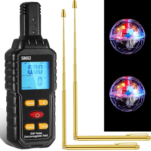 Asuinxurr Set di attrezzi da caccia ai fantasmi, 1 rivelatore di radiazioni EMF, 2 palline LED per gatti, 2 barre in rame, equipaggiamento fantasma metallico, 5 pezzi