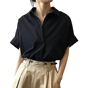 ［Quiet Wave］ ブラウス レディース 半袖 トップス シフォン 無地 ボタンなし 襟付き 着痩せ 上品 体型カバ..." 