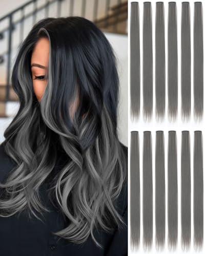Dark Grey Clip In Hair Extensions for Parties, Festivals, Night Out, Birthdays & Dress Up – No Dye No Damage, 12 PCS Reusable Synthetic Hair for Girls, Women & Teens (Dark Grey,E-38)