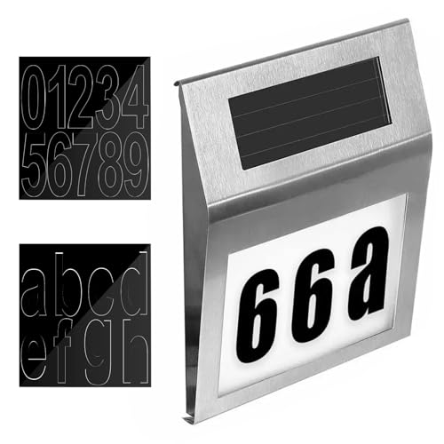 Numero civico illuminato a energia solare con 2 LED: numero civico luminoso a energia solare in acciaio inox, numero civico a LED, impermeabile IP65, con numeri da 0 a 9 e lettere dalla A alla Z