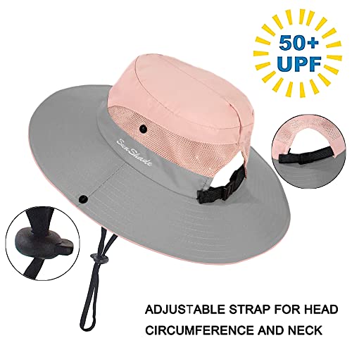 Womens Outdoor Sun Hat Breathable Packable Boonie Wide Brim Bucket Cap Fishing Hiking Ponytail Hole (Pink) #TOP3