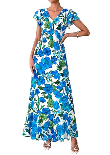 Image of PRETTYGARDEN Womens Summer Boho Floral Maxi Dress | V Neck Ruffle Sleeve Tiered A-Line Sundress, Lightweight Flowy Long Dresses for Spring Wedding Guest, Cocktail Party, Cruise