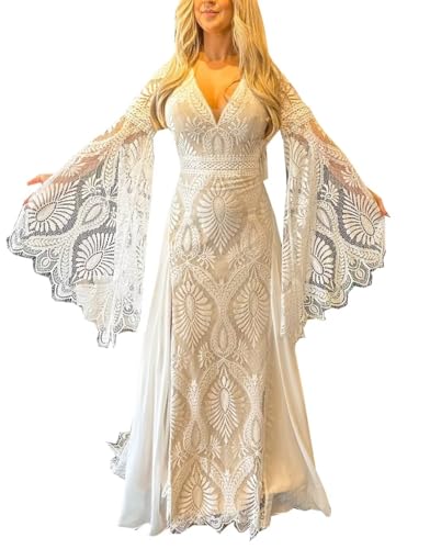 YMFFW Lace Wedding Dresses Boho for Women Mermaid V Neck Bridal Dress Tassel Fringe Sleeves Bohemian Wedding Gowns