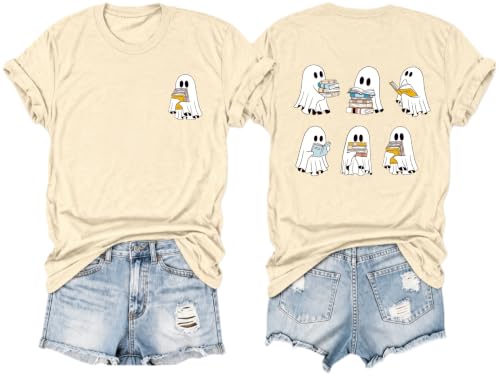 Halloween Shirts for Women Teacher Reading Books T-Shirt Funny Fall Party Tee Beige - image 1