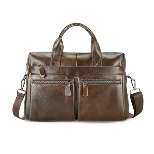 Pelle Vera di Alta Qualità & Costruzione Durevole: Realizzata in pelle vera di alta qualità, questa borsa da ufficio per uomini è abbastanza robusta da resistere all'usura quotidiana. Le cerniere resistenti e le cuciture rinforzate la rendono affidabile. Sia che siate un giovane professionista o un dirigente navigato, il suo look vintage e la costruzione solida sono sicuri di impressionare.