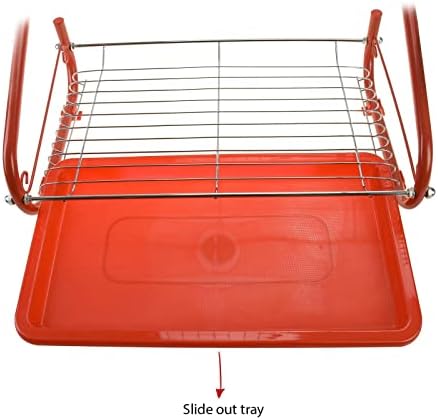 PKGE Red 2 Tier Stainless Steel Dish Drainer, 18 inch Rack Holder, Storage Rack with Drip Tray for Plates Mug Cup Glass Cutlery and Kitchen Accessories Over The Sink