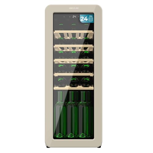 Cecotec Cave à Vin 24 Bouteilles Rétro Bolero Grandsommelier Origin 24 Hit Beige, Finition Beige, Contrôle par écran LED, Temp, 5-20ºC, NoFrost, Étagères Bois, Éclairage Intérieur, Ventilation