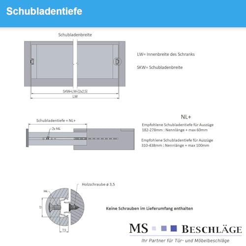 MS Beschläge Teilauszug Schubladenauszug Teleskopauszug 17mm Auszugsschiene 1 Paar Schubkastenschienen für Nutmontage (406mm)