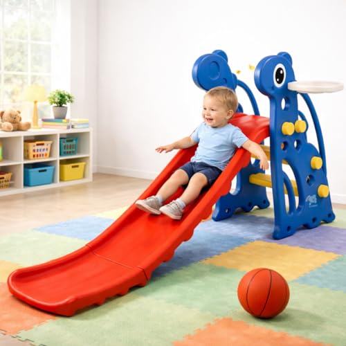 Image of Storio Kids Slide with Basketball Hoop Giraffe Themed Indoor & Outdoor Slide for Kids Ages 2-4 | RED & Blue | Safe, Sturdy & Fun Playset | Easy Assembly Toddler Slide for Boys & Girls
