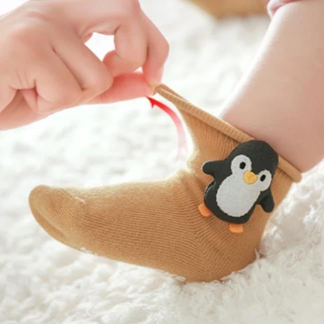 MAAGHI Kids Cotton Floor Socks – Anti-Slip Baby Socks with Cute 3D Cartoon Dolls, Loose Mouth Design, for Boys & Girls – Yellow & Blue (1 Pair) 3
