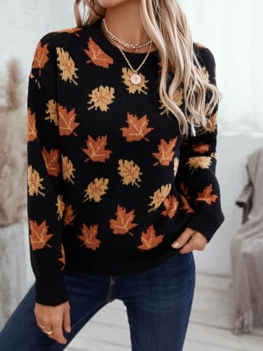 Chvity Women's Maple Leaf Graphic Thanksgiving Sweater Crewneck Long Sleeve Casual Loose Fall Student Knit Pullover Tops3