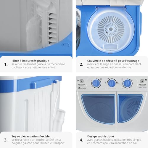 tectake® Mini Machine à laver Portable 2 en 1 Multi-Fonction Essorage, Petite taille Compact, Capacité de charge 4,5 kg Parfait pour Étudiant, Camping, Camping Car, Petite salle de bain, Voyage – Image 6