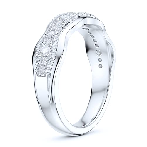 Sterling Silver Fancy Wave Shape Milgrain Simulated Round Brilliant Diamond or Genuine Moissanite Full Eternity Ring Wedding Band4