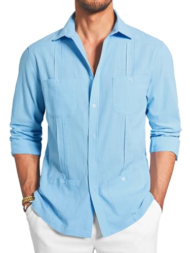 Makkrom Mens Guayabera Linen Shirts Long Sleeve Button Down Cuban Casual Summer Beach Shirt Tops