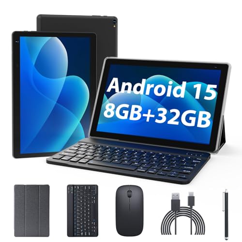 Image of Android 15 Tablet 10 inch, 2 in 1 Tablets with Keyboard Case Mouse Stylus, 8GB RAM 32GB ROM 1TB Expand, Quad Core Processor Tablet, WiFi, BT, 1280x800 HD Screen, 6000mAh, Dual Camera, GMS, Widevine L1