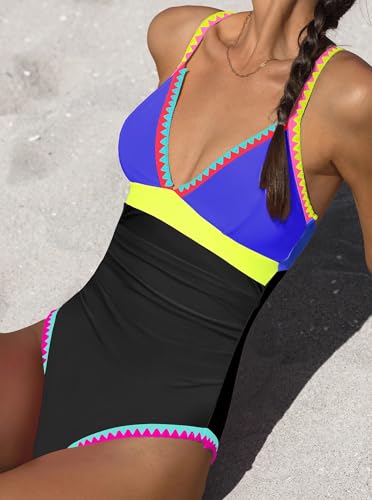 Image of popvil Women One Piece Swimsuit Colorblock Ruched Bathing Suit | Adjustable slider straps, Multi neon trim, Long torso, Detachable padding, Quick dry fabric, Beach Vacation