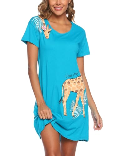 Image of ENJOYNIGHT Womens Cotton Nightgown Short Sleeve Sleepshirt Print Nightshirt | Short-Sleeve Crew Neck, Soft Cotton Fabric, Cartoon Printed Sleep Shirt, Loose Fit