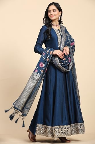 TRENDMALLS Women's Vichitra Silk Anarkali Suit Set with Jacquard Dupatta for Women Kurta Set for Women